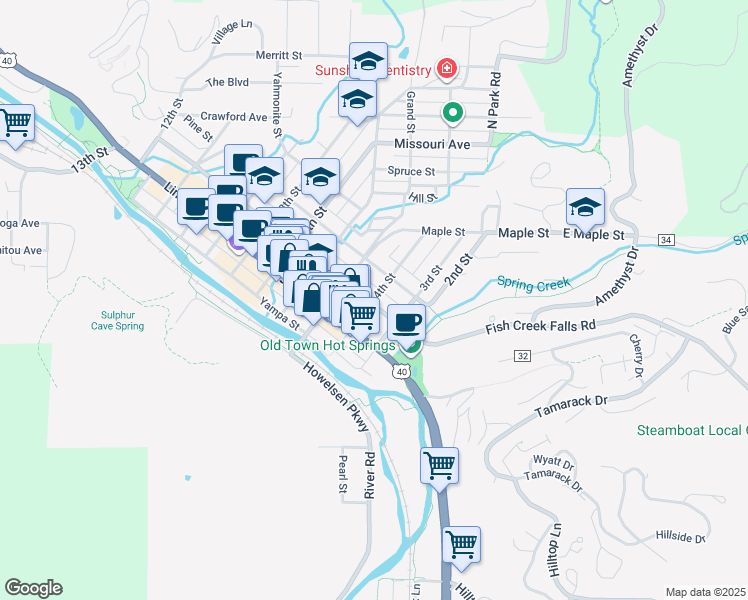 map of restaurants, bars, coffee shops, grocery stores, and more near 204 4th Street in Steamboat Springs