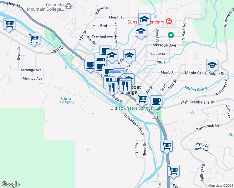 map of restaurants, bars, coffee shops, grocery stores, and more near 45 6th Street in Steamboat Springs
