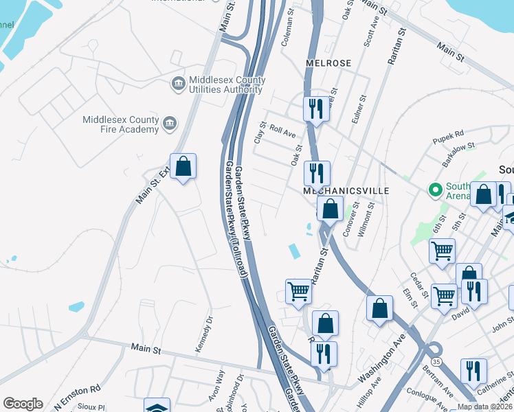 map of restaurants, bars, coffee shops, grocery stores, and more near 9 James Street in Sayreville