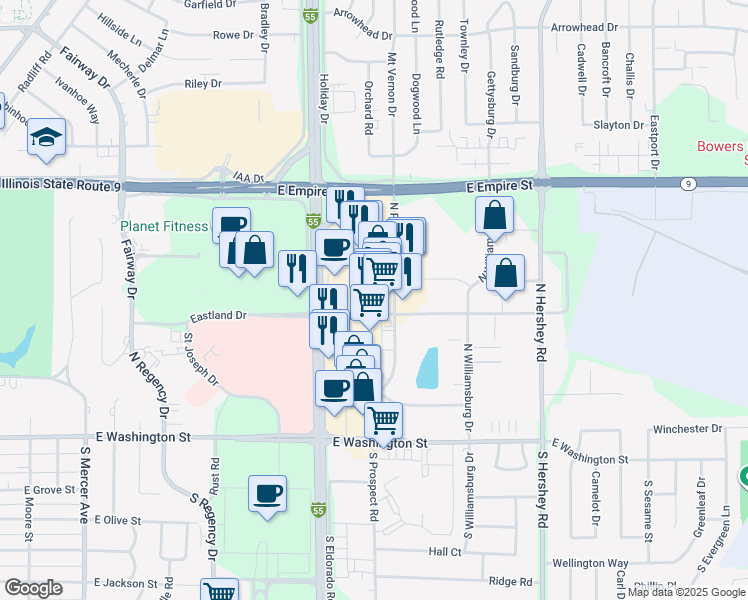map of restaurants, bars, coffee shops, grocery stores, and more near 532 North Prospect Road in Bloomington