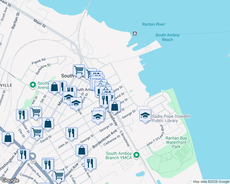 map of restaurants, bars, coffee shops, grocery stores, and more near 120 Augusta Street in South Amboy