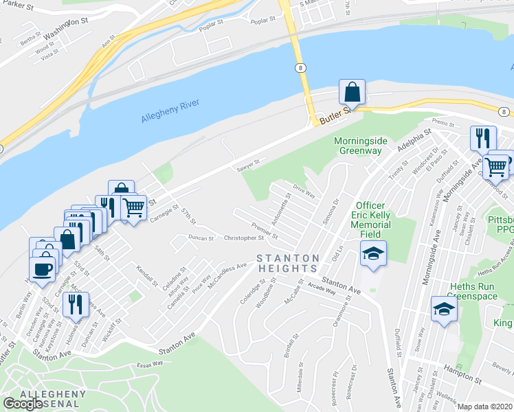map of restaurants, bars, coffee shops, grocery stores, and more near 1015 Downlook Street in Pittsburgh