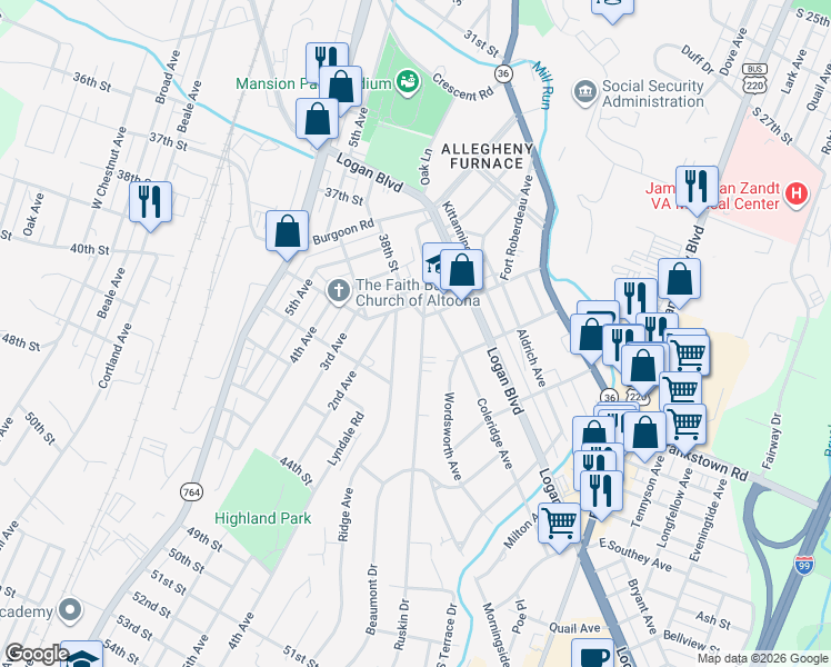 map of restaurants, bars, coffee shops, grocery stores, and more near 201-299 Ward Avenue in Altoona