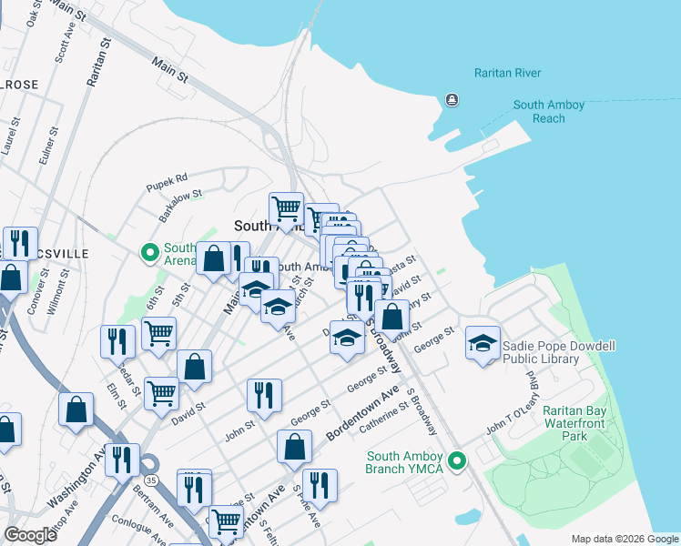 map of restaurants, bars, coffee shops, grocery stores, and more near 139-145 South Broadway in South Amboy