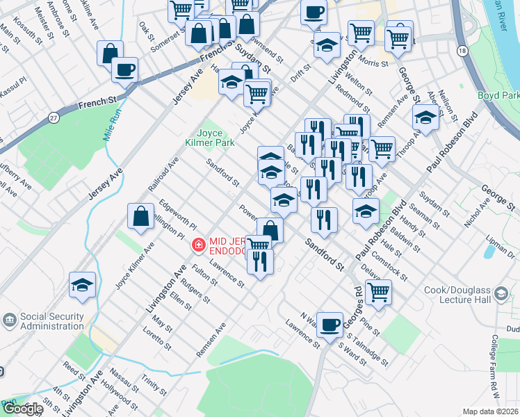 map of restaurants, bars, coffee shops, grocery stores, and more near 220 Delavan Street in New Brunswick