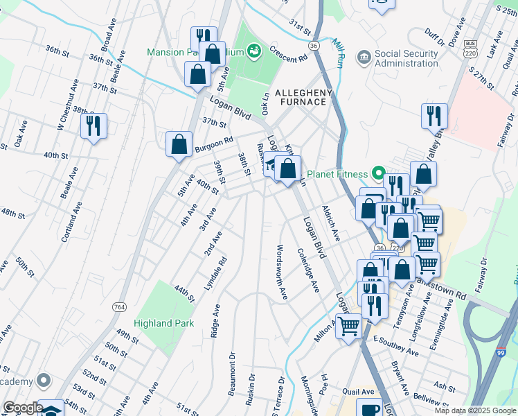 map of restaurants, bars, coffee shops, grocery stores, and more near 201-299 Ward Avenue in Altoona