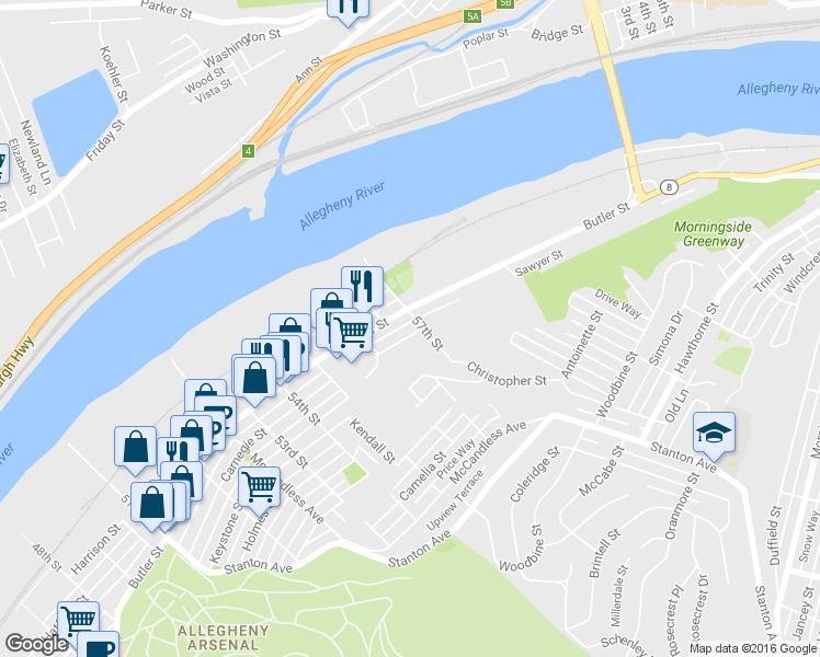 map of restaurants, bars, coffee shops, grocery stores, and more near in Pittsburgh