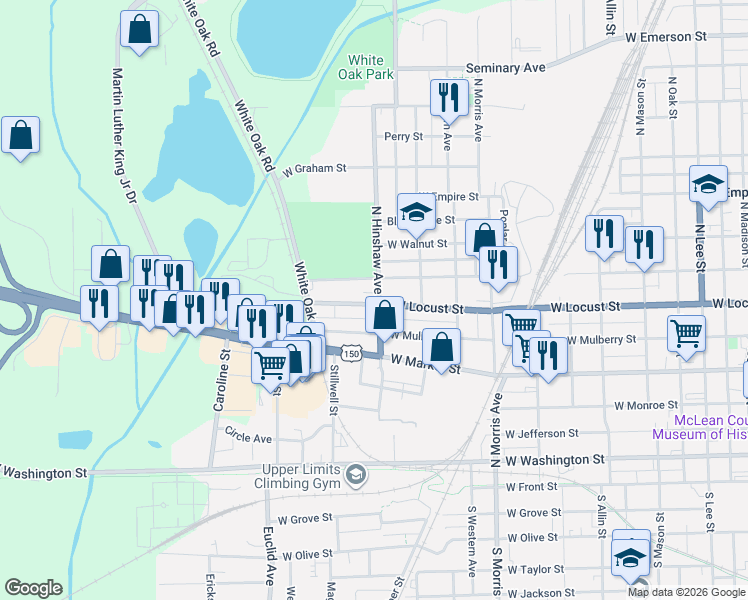 map of restaurants, bars, coffee shops, grocery stores, and more near 1416 West Chestnut Street in Bloomington