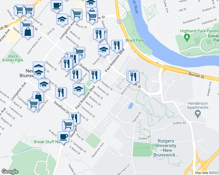 map of restaurants, bars, coffee shops, grocery stores, and more near Suydam St & Jones Ave in New Brunswick