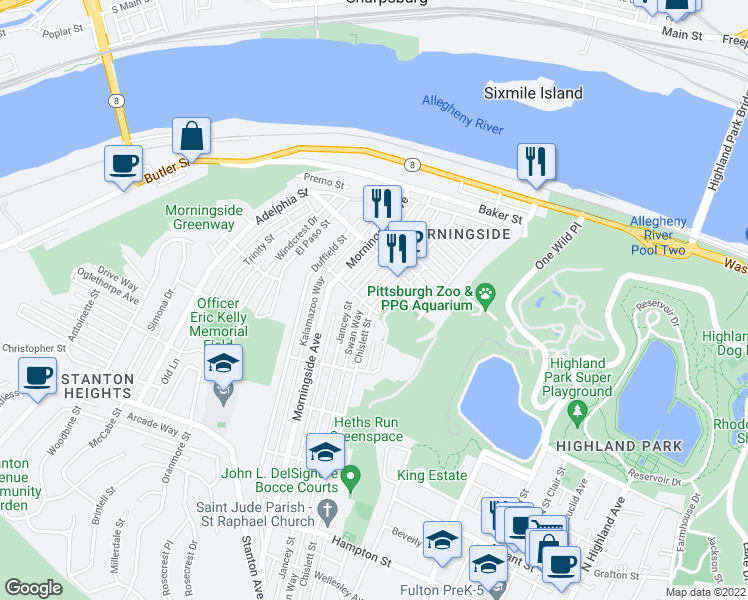 map of restaurants, bars, coffee shops, grocery stores, and more near 1705 Chislett Street in Pittsburgh