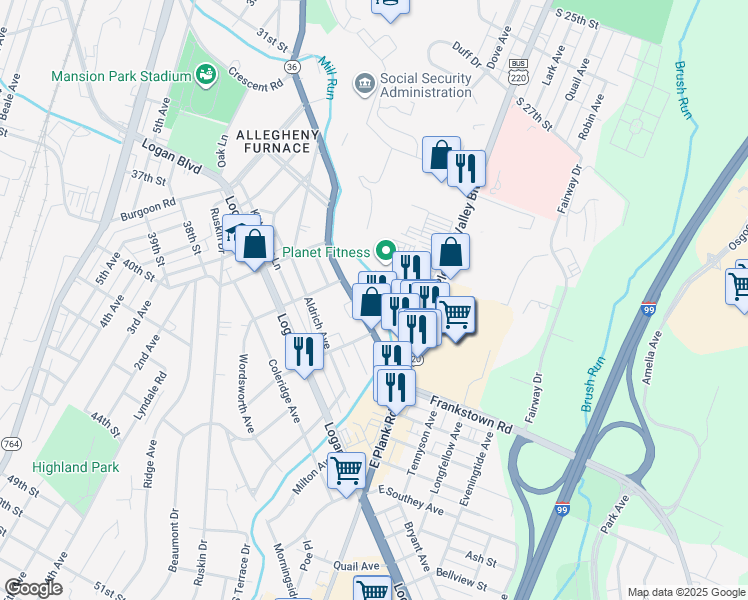 map of restaurants, bars, coffee shops, grocery stores, and more near 209 Union Avenue in Altoona