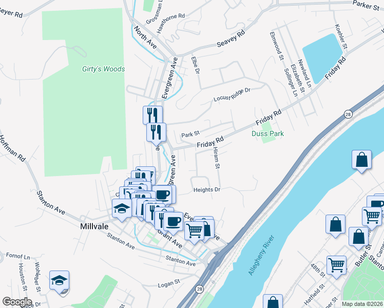 map of restaurants, bars, coffee shops, grocery stores, and more near 108 Friday Road in Pittsburgh