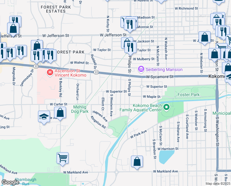 map of restaurants, bars, coffee shops, grocery stores, and more near 1409 West Superior Street in Kokomo