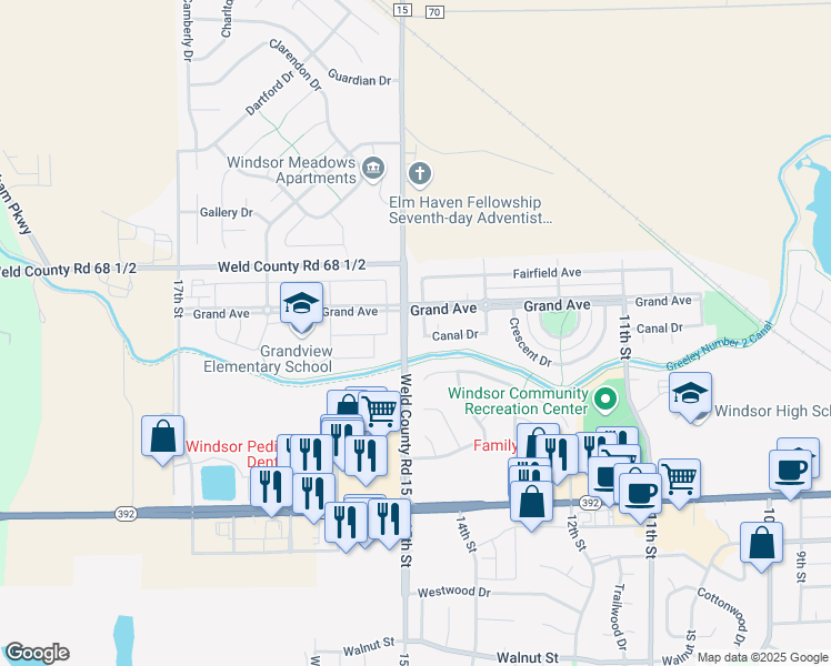 map of restaurants, bars, coffee shops, grocery stores, and more near 300 Fieldstone Drive in Windsor