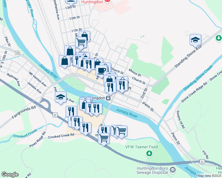 map of restaurants, bars, coffee shops, grocery stores, and more near in Huntingdon