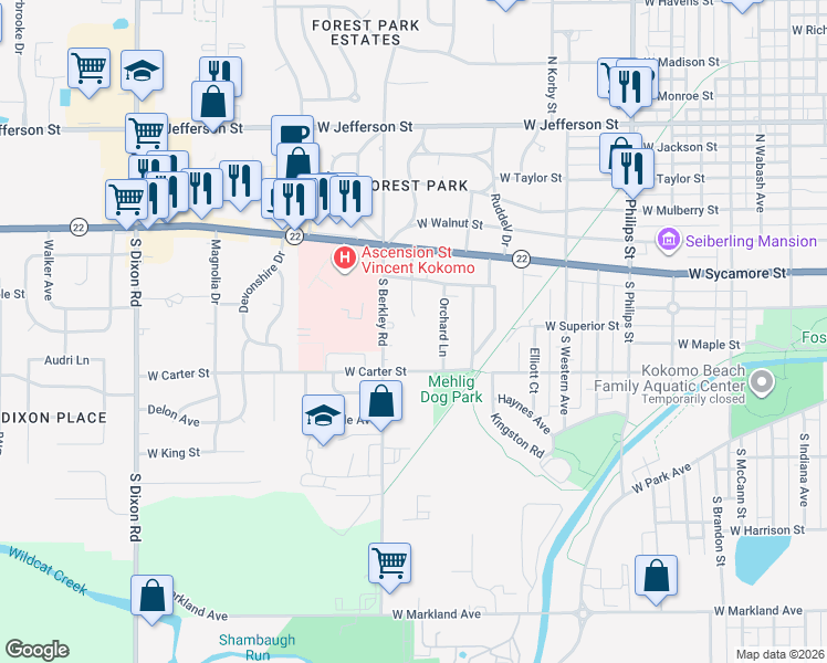 map of restaurants, bars, coffee shops, grocery stores, and more near 164 South Forest Drive in Kokomo