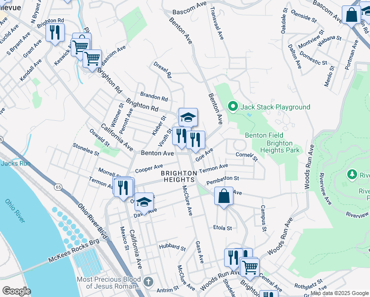 map of restaurants, bars, coffee shops, grocery stores, and more near 3811 Brighton Road in Pittsburgh