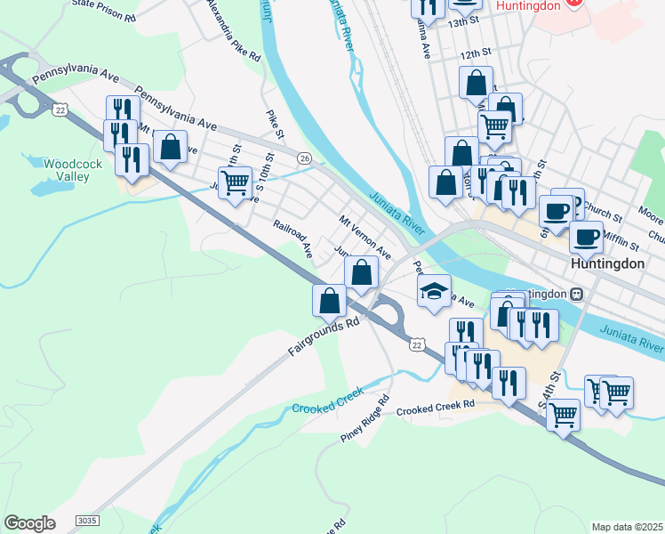 map of restaurants, bars, coffee shops, grocery stores, and more near 301-315 Spruce Street in Huntingdon