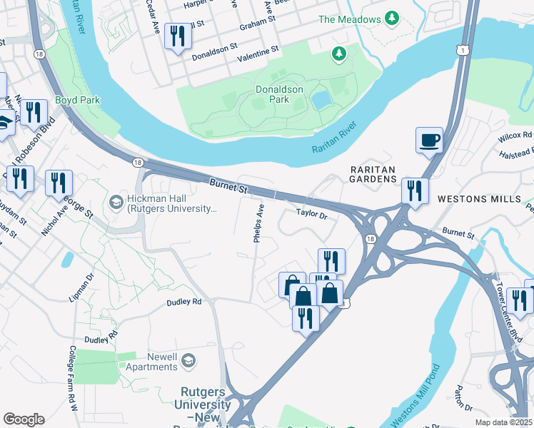 map of restaurants, bars, coffee shops, grocery stores, and more near 20 Phelps Avenue in New Brunswick
