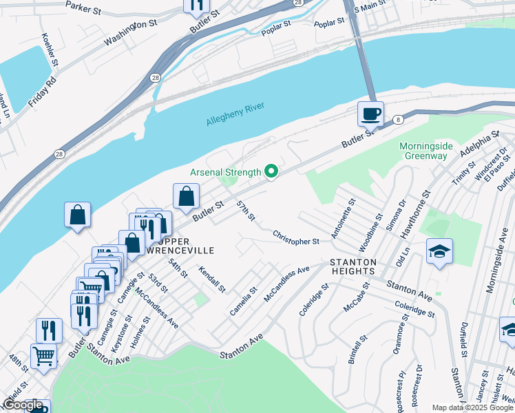 map of restaurants, bars, coffee shops, grocery stores, and more near in Pittsburgh