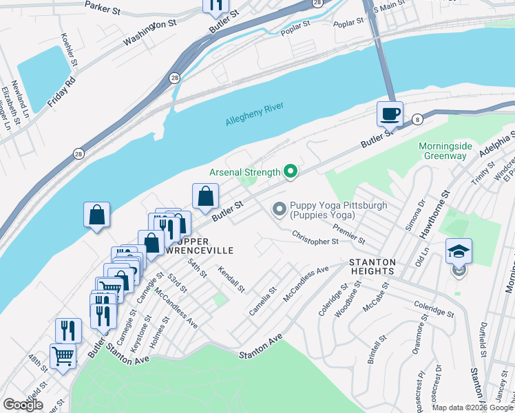 map of restaurants, bars, coffee shops, grocery stores, and more near in Pittsburgh