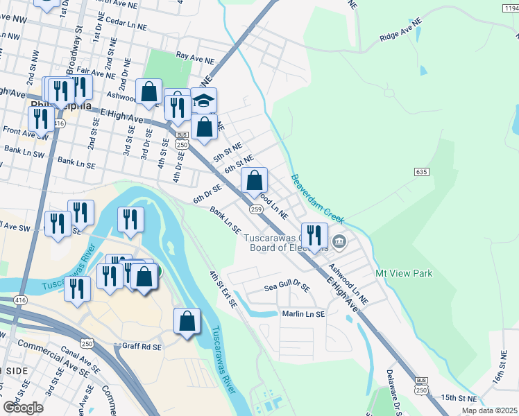 map of restaurants, bars, coffee shops, grocery stores, and more near 741 E High Ave in New Philadelphia