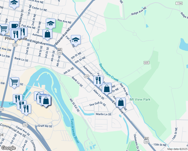 map of restaurants, bars, coffee shops, grocery stores, and more near 141 8th Street Northeast in New Philadelphia