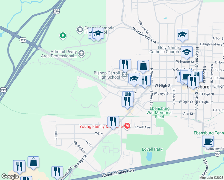 map of restaurants, bars, coffee shops, grocery stores, and more near 765-799 Benjamin Franklin Highway in Ebensburg