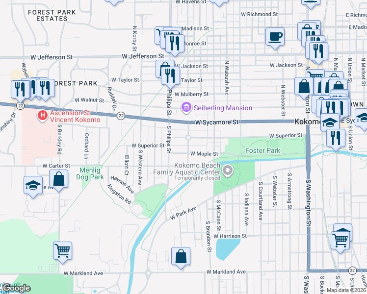 map of restaurants, bars, coffee shops, grocery stores, and more near 1217 West Superior Street in Kokomo