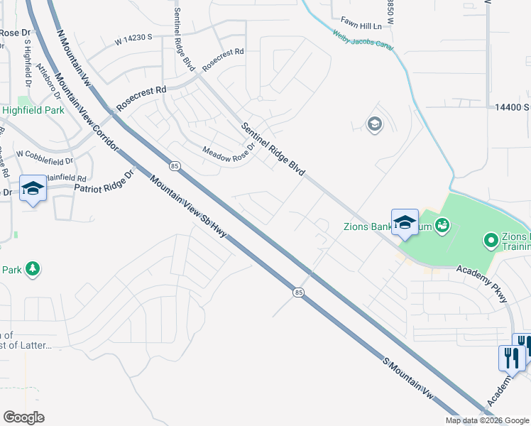 map of restaurants, bars, coffee shops, grocery stores, and more near 14672 Bloom Drive in Herriman
