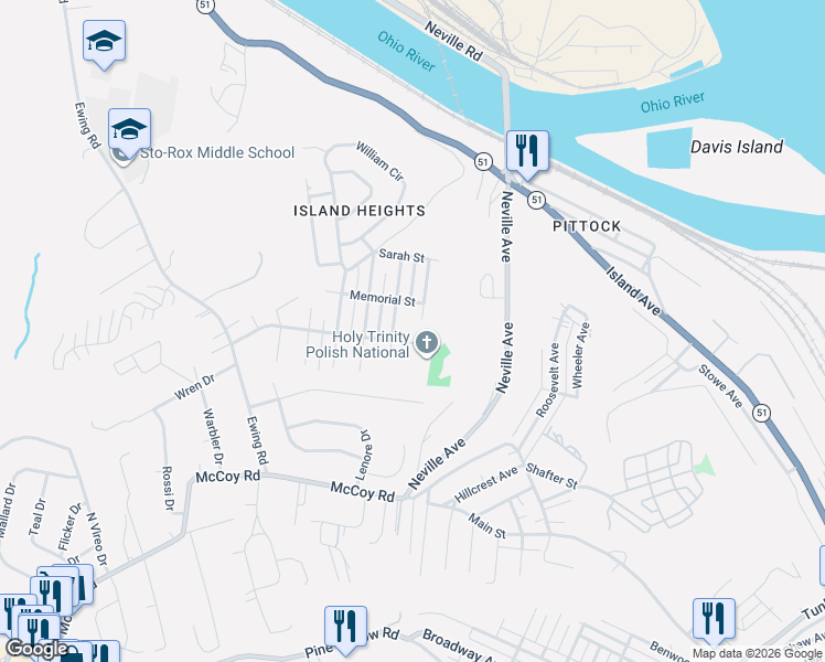 map of restaurants, bars, coffee shops, grocery stores, and more near 42 Grace Street in McKees Rocks