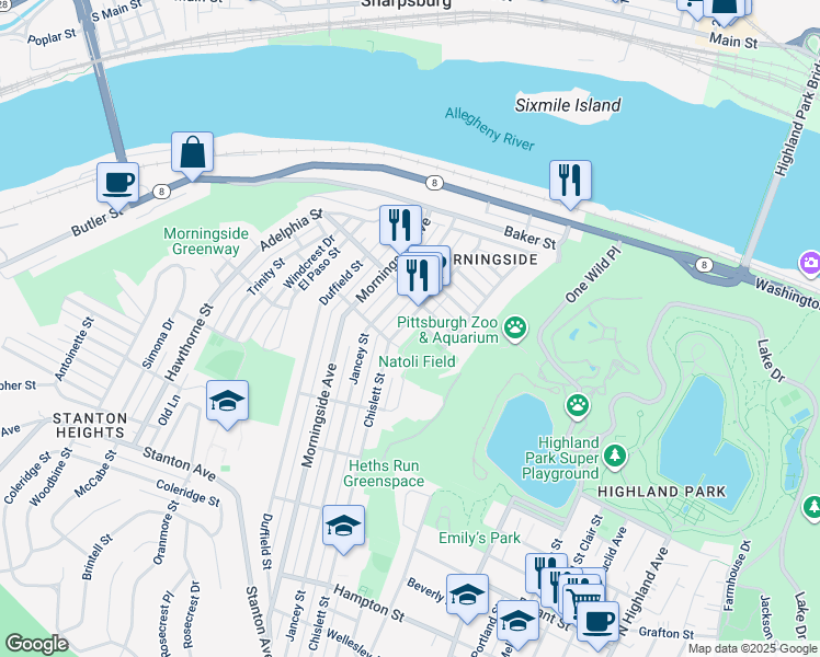 map of restaurants, bars, coffee shops, grocery stores, and more near 1724 Chislett Street in Pittsburgh