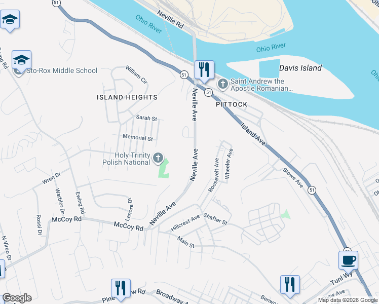map of restaurants, bars, coffee shops, grocery stores, and more near 71 Neville Avenue in McKees Rocks