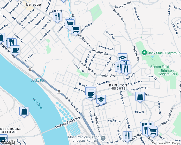 map of restaurants, bars, coffee shops, grocery stores, and more near 3839 California Avenue in Pittsburgh