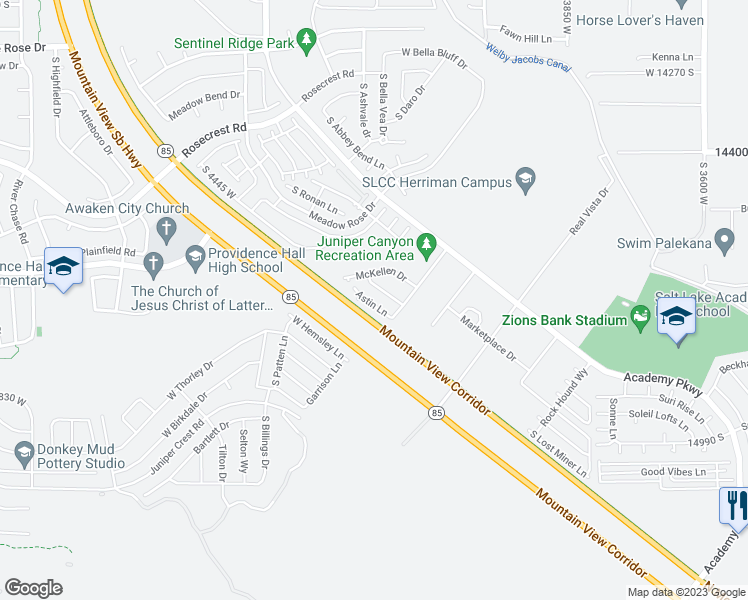 map of restaurants, bars, coffee shops, grocery stores, and more near 14681 Astin Lane in Herriman