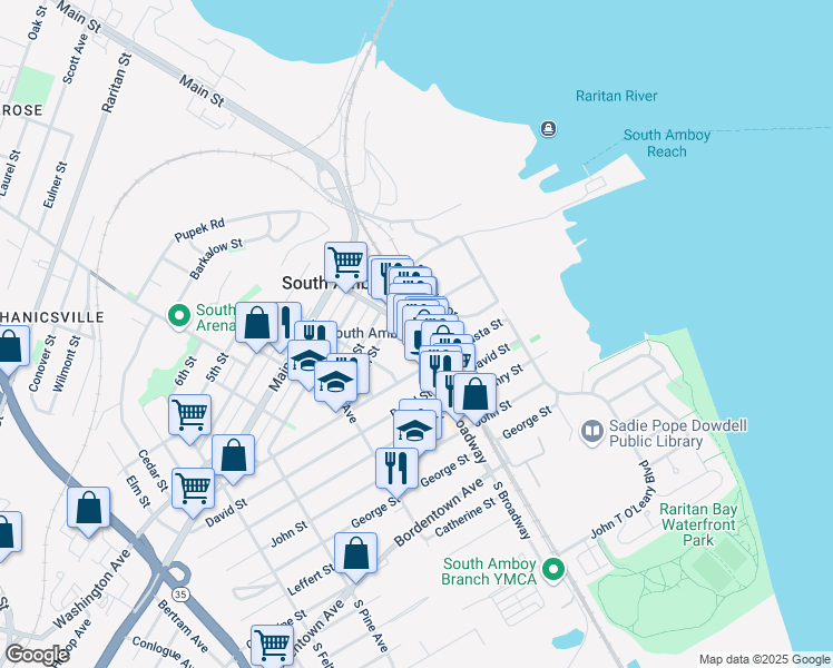 map of restaurants, bars, coffee shops, grocery stores, and more near 139-145 South Broadway in South Amboy