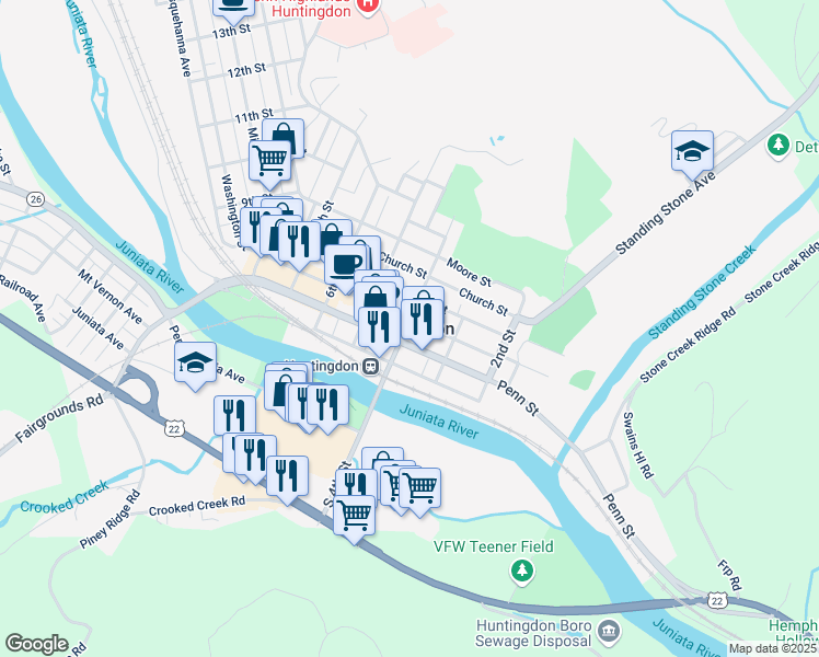 map of restaurants, bars, coffee shops, grocery stores, and more near in Huntingdon