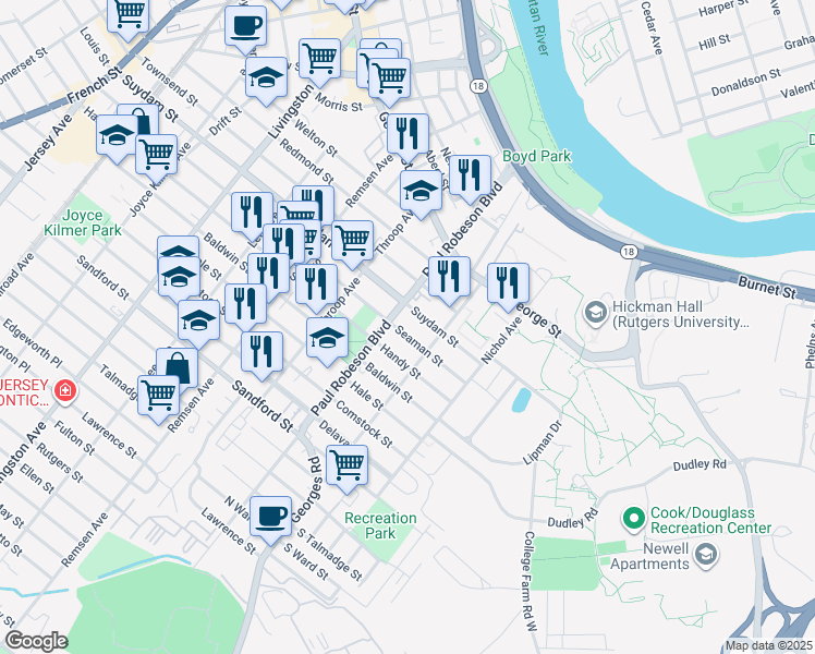 map of restaurants, bars, coffee shops, grocery stores, and more near 154 Commercial Avenue in New Brunswick