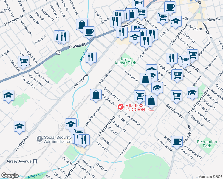 map of restaurants, bars, coffee shops, grocery stores, and more near 279 Edgeworth Place in New Brunswick