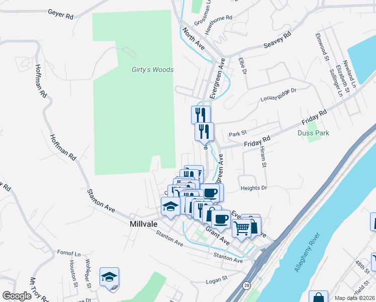 map of restaurants, bars, coffee shops, grocery stores, and more near 612 Mary Street in Pittsburgh