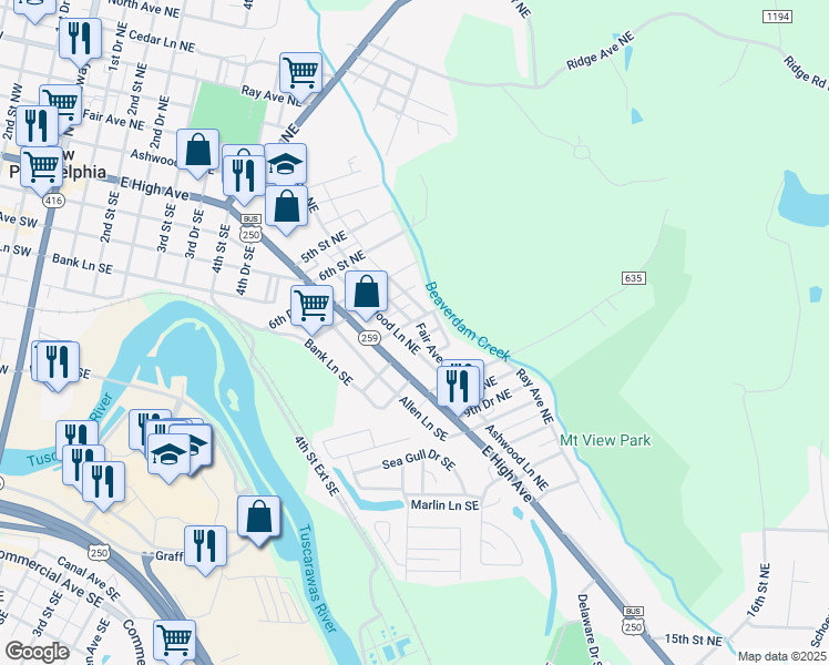 map of restaurants, bars, coffee shops, grocery stores, and more near 141 8th St NE in New Philadelphia