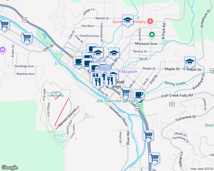 map of restaurants, bars, coffee shops, grocery stores, and more near in Steamboat Springs