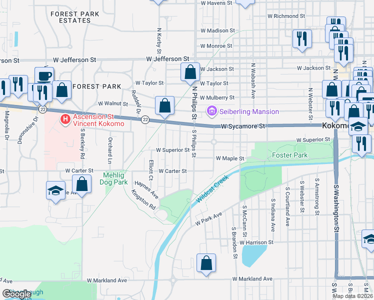 map of restaurants, bars, coffee shops, grocery stores, and more near 1350 West Superior Street in Kokomo