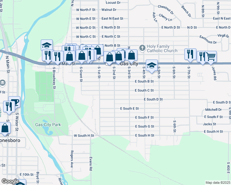 map of restaurants, bars, coffee shops, grocery stores, and more near 200 East South C Street in Gas City