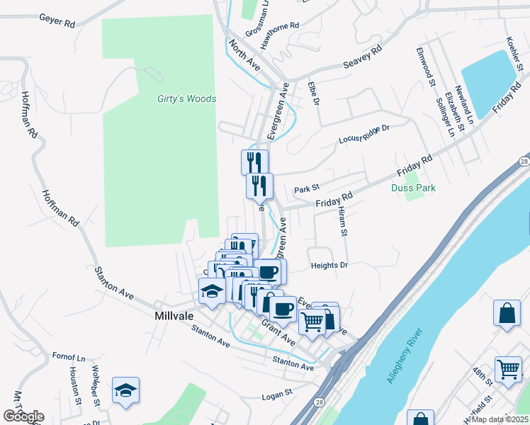 map of restaurants, bars, coffee shops, grocery stores, and more near 601 Evergreen Road in Pittsburgh
