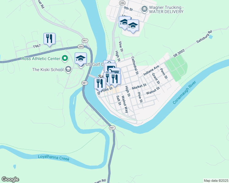 map of restaurants, bars, coffee shops, grocery stores, and more near 612 Salt Street in Saltsburg