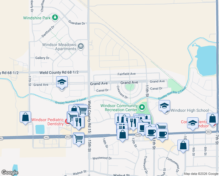 map of restaurants, bars, coffee shops, grocery stores, and more near 1402 Canal Dr in Windsor