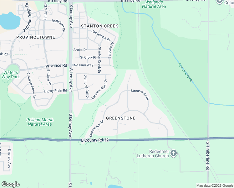 map of restaurants, bars, coffee shops, grocery stores, and more near 7219 Streamside Drive in Fort Collins