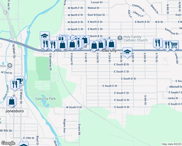 map of restaurants, bars, coffee shops, grocery stores, and more near 114 East South C Street in Gas City