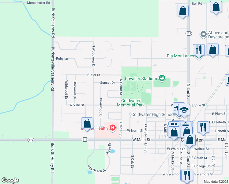 map of restaurants, bars, coffee shops, grocery stores, and more near 807 South Parkview Drive in Coldwater